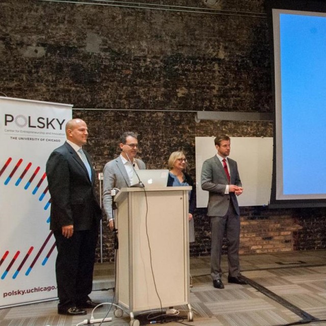 ClostraBio team - Cathryn Nagler, Jeff Hubbell, and John Colson, pitching at a Polsky Center event