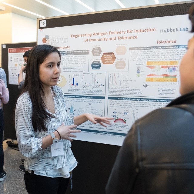 Hubbell lab member Jenni Antane describes the group's research to prospective PhD students at a visiting weekend